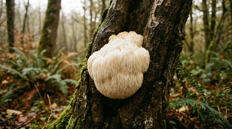 A white shaggy lion's mane mushroom growing from the trunk of an old beech tree