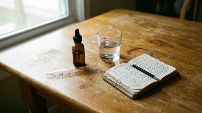 A small amber bottle, a glass tube, a glass of water and a pocket calendar with a pencil on a wooden table