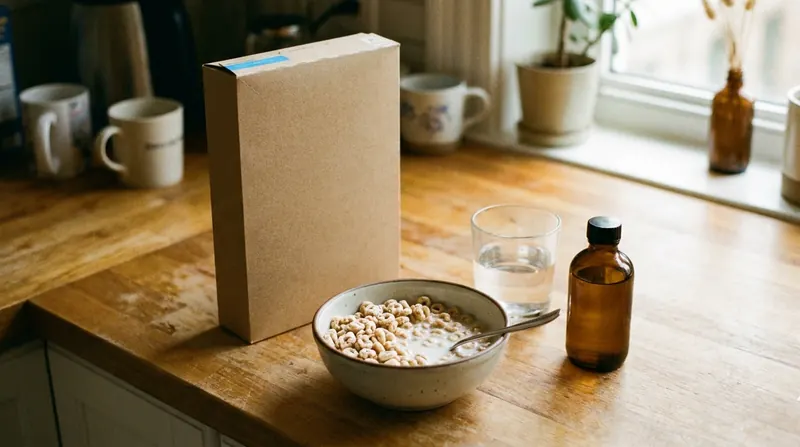 A bowl of frosted cereal beside its box, a glass of water and a small amber bottle on a kitchen counter