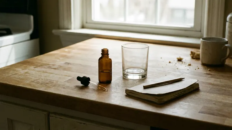 A kitchen counter with a small amber bottle, its glass tube, an empty glass and a closed notebook with a pencil