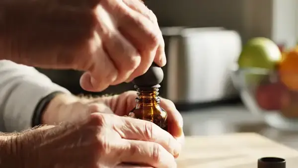A man's hands drawing dark liquid into a small marked glass tube and squeezing it into a glass of water