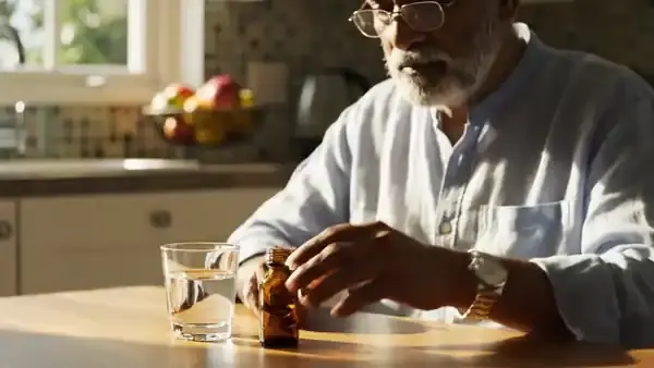 A man in his sixties turning a small amber bottle to read its back label at a kitchen table
