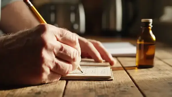 A man's hands crossing off a day on a pocket calendar and counting along a row of days beside a small amber bottle