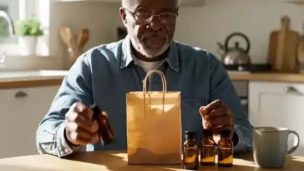 A man in his sixties putting a small amber bottle into a paper bag with other small bottles and folding the top over