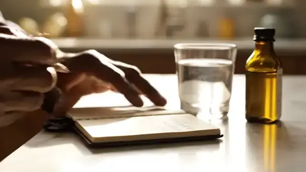 A man's hands writing a line in a small notebook beside a glass of water and a small amber bottle